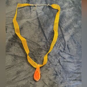 Necklace/orange ribbon orange glass, pendant, NWOT